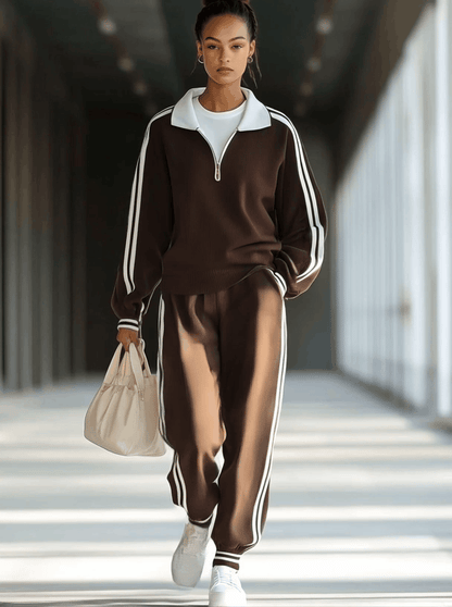 【24-hour shipping out】Casual Loose Retro Striped Polo Collar Zipper Sports Sweatshirt Set