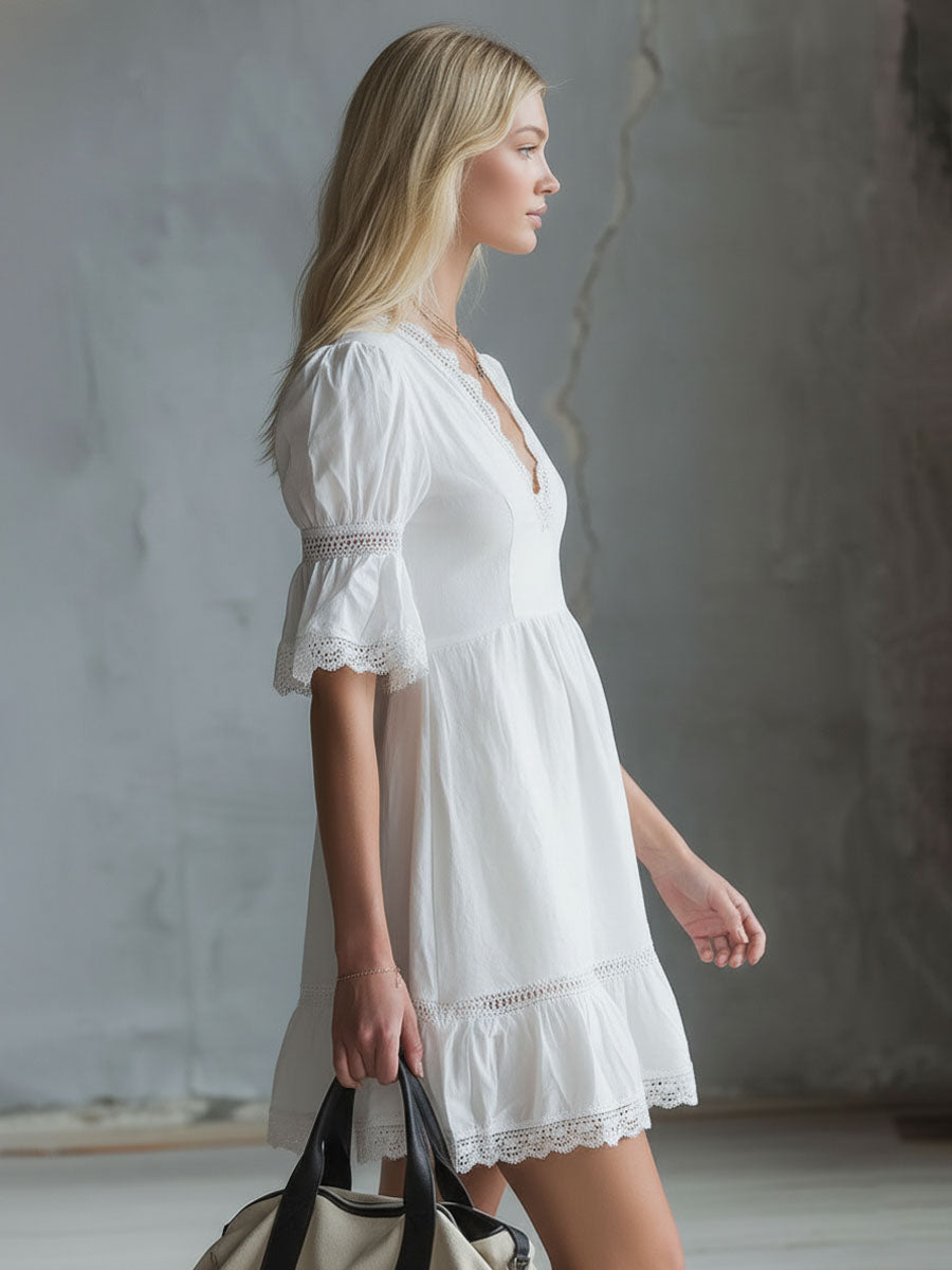 V-neck Lace-trimmed Short-sleeved Cotton Mini Dress