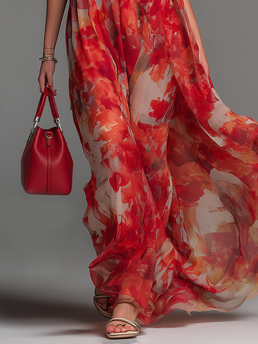 Stylish And Comfortable Halter Neck Sleeveless Printed Chiffon Maxi Dress