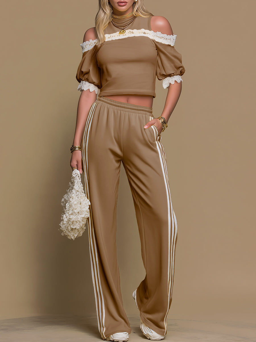 Sporty Retro Off-the-shoulder Short-sleeved T-shirt And Wide-leg Pants Set