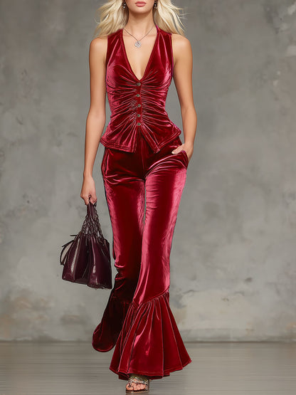 V-neck Ruched Sleeveless Top And Velvet Trousers Set