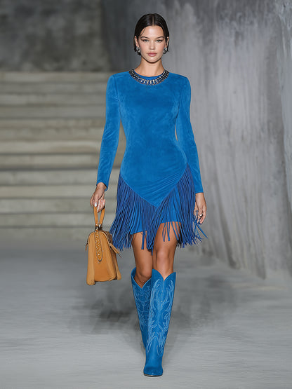 Western Blue Faux Suede Patchwork Tassel Mini Dress