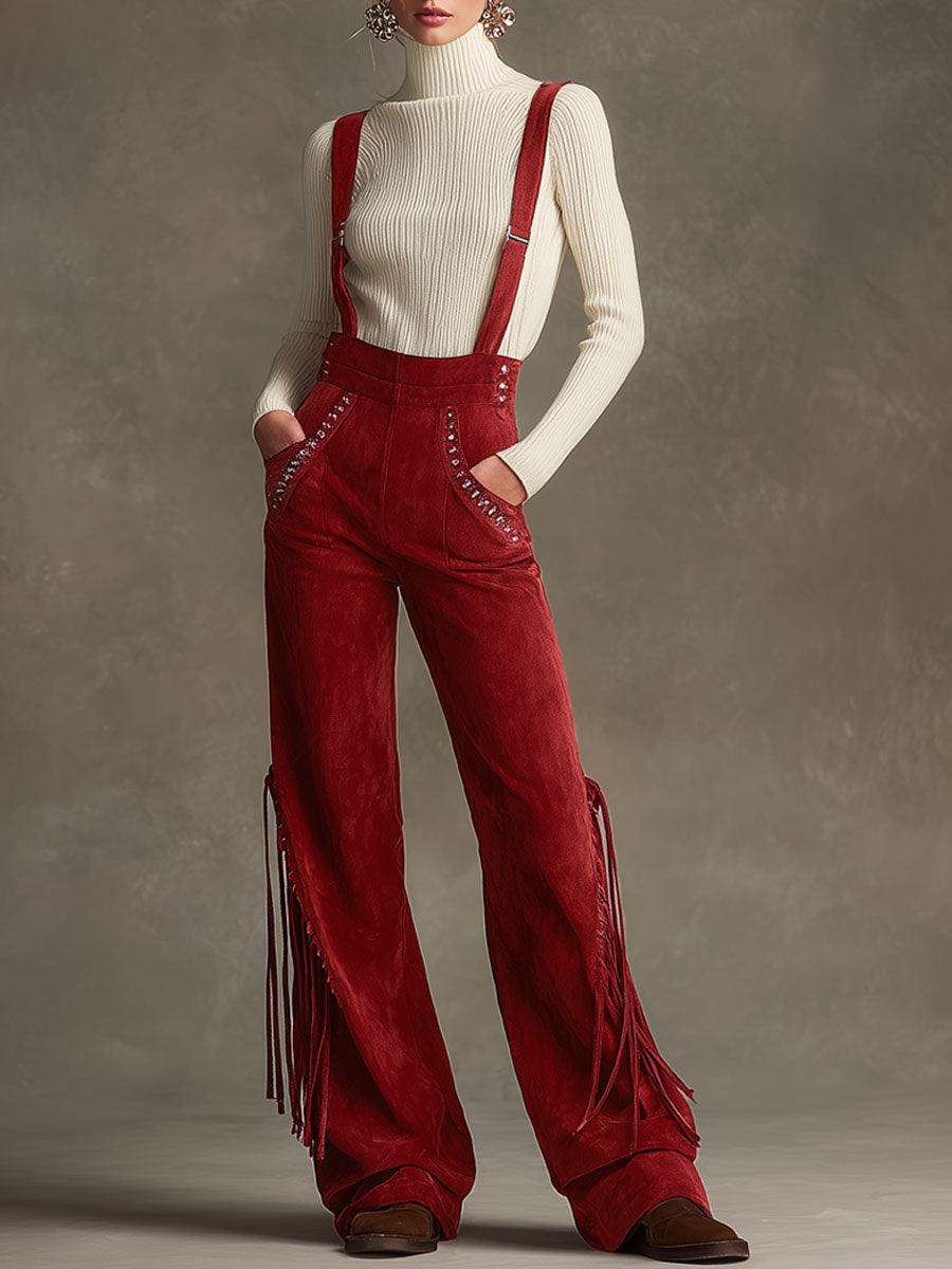 Western Retro Red Faux Suede Studded Tassel Overalls