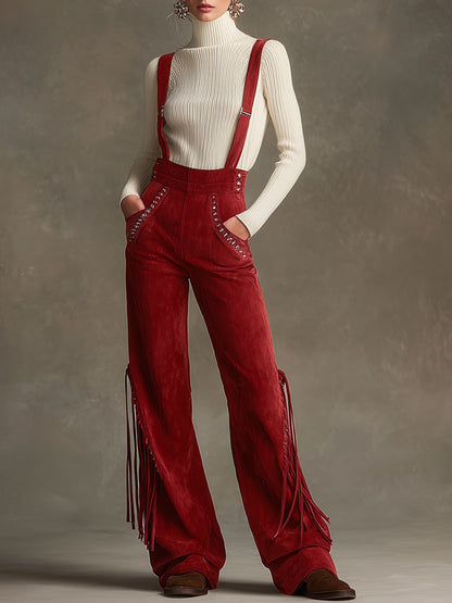Western Retro Red Faux Suede Studded Tassel Overalls