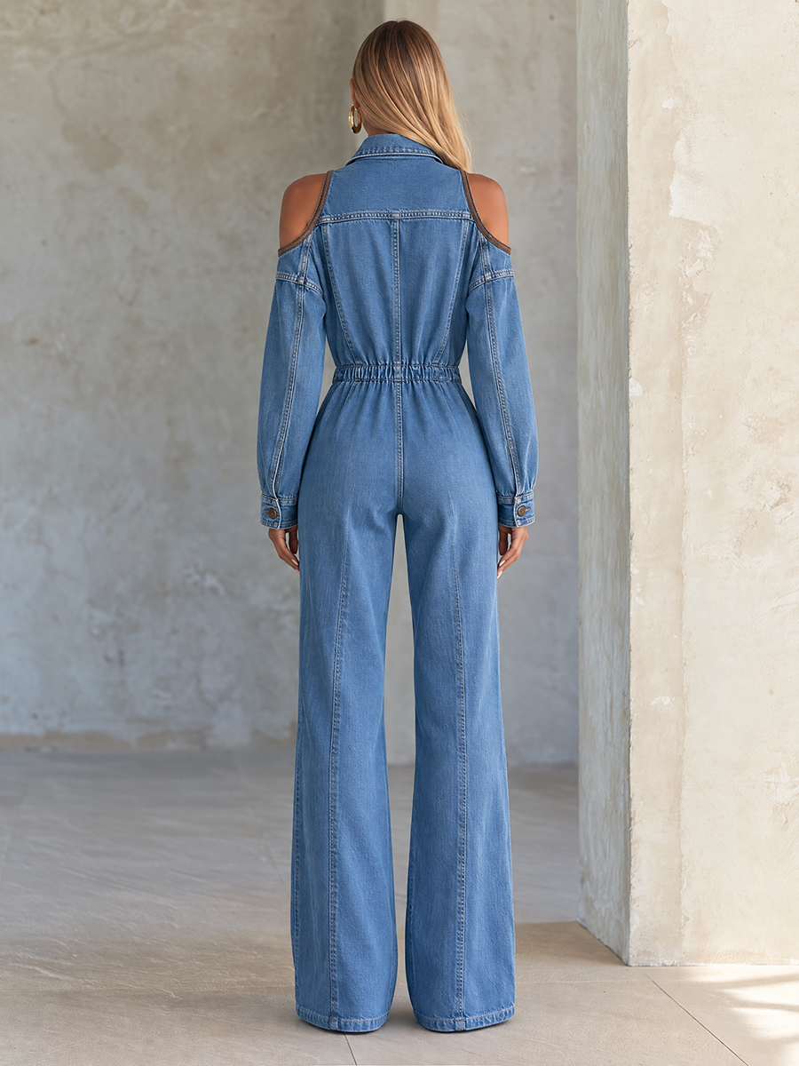 Women’s Cold Shoulder Denim Jumpsuit With Button Front