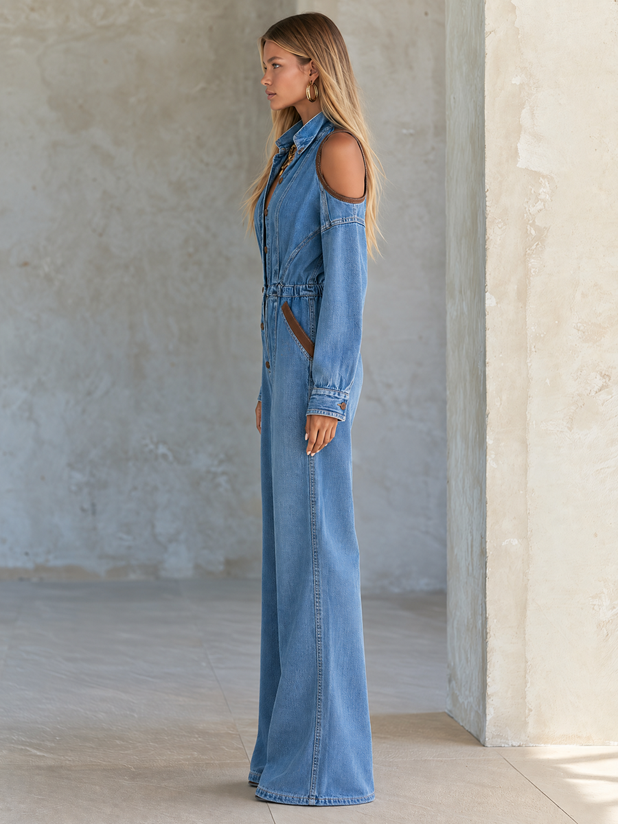 Women’s Cold Shoulder Denim Jumpsuit With Button Front