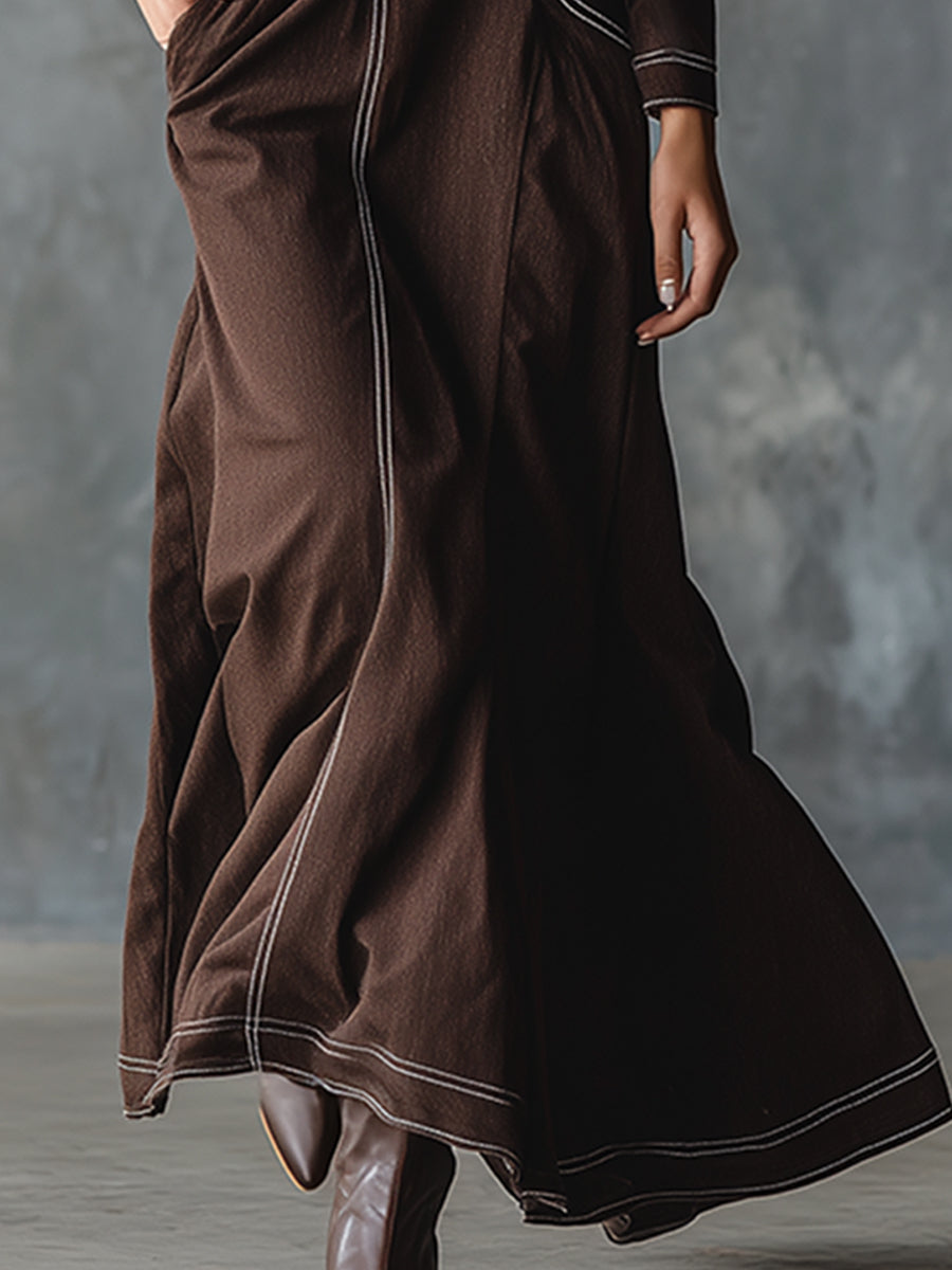 Chic Urban White-stitched Brown Denim Maxi Dress