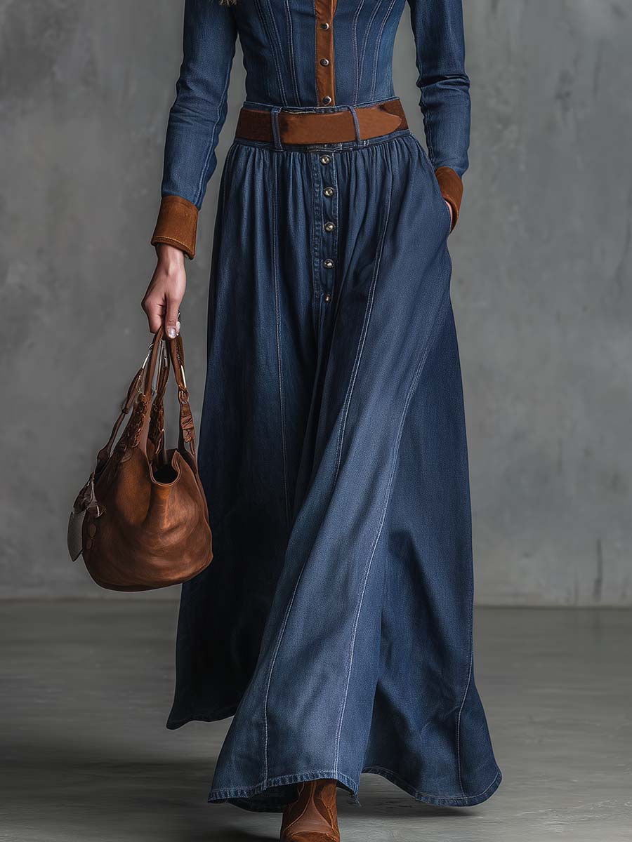 Elegant Retro Western Front Button Brown Suede Trim Dark Blue Denim Maxi Dress