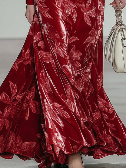 Elegant Red Velvet Maple Leaf Textured Suit Collar Maxi Dress