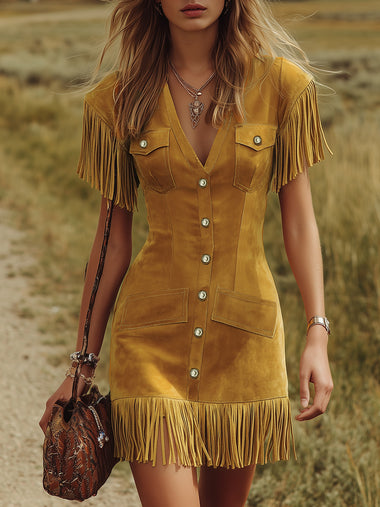 Western-style Vintage V-neck Fringed Faux Suede Mini Dress