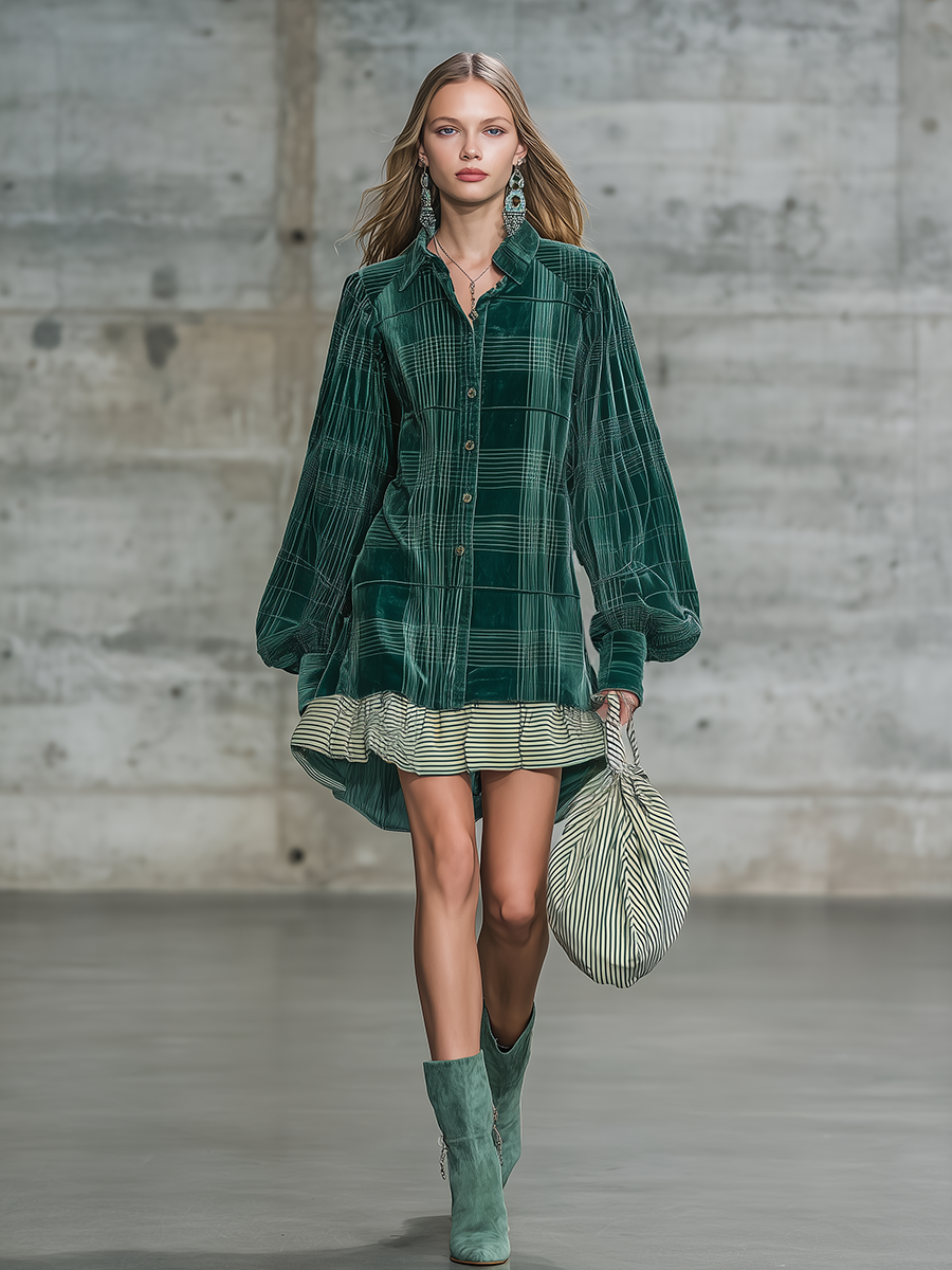 Retro Classic Plaid Print Velvet Mini Dress