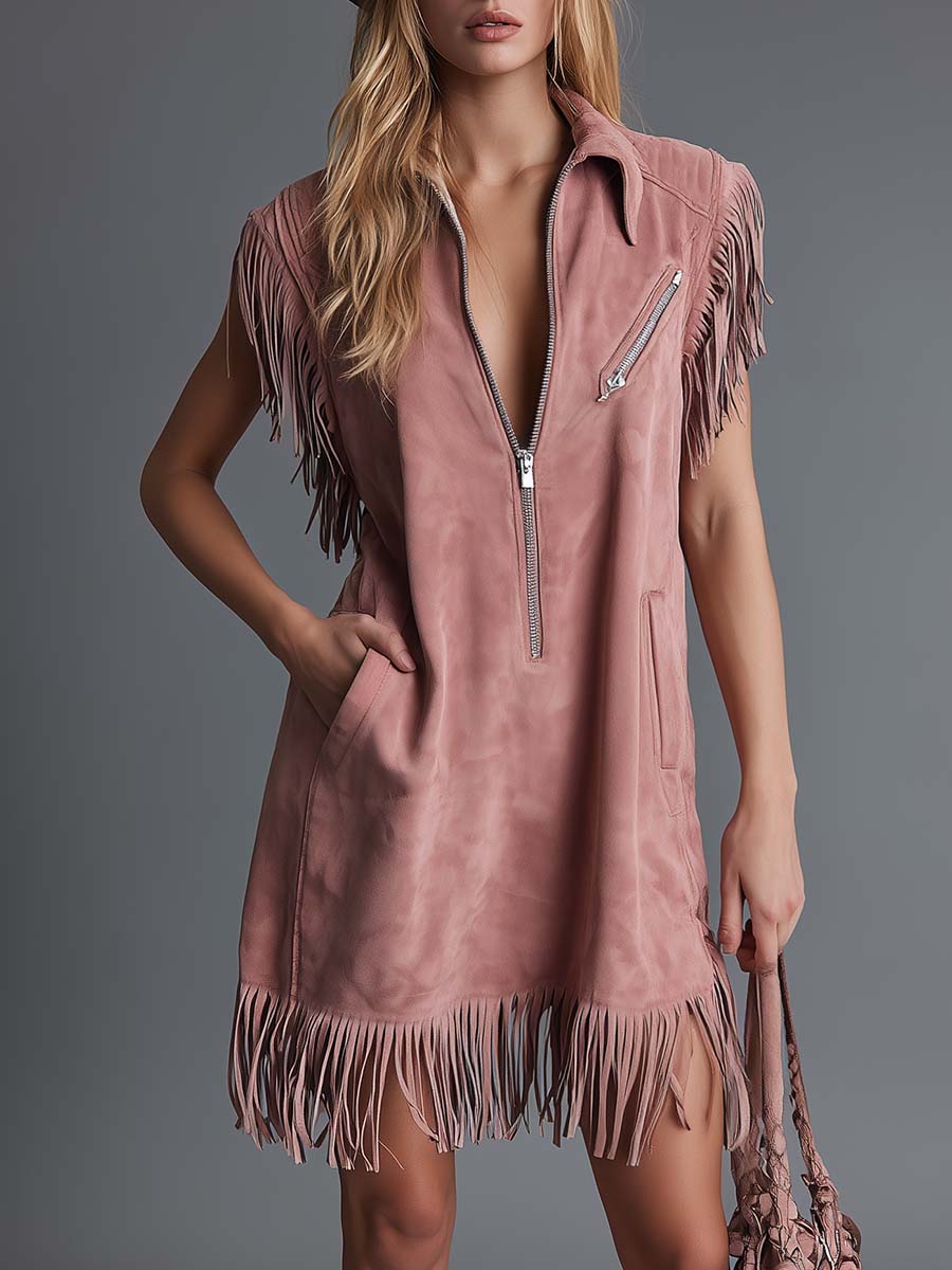 Vintage Casual Western V-neck Front Zipper Tassel Details Pink Faux Suede Mini Dress