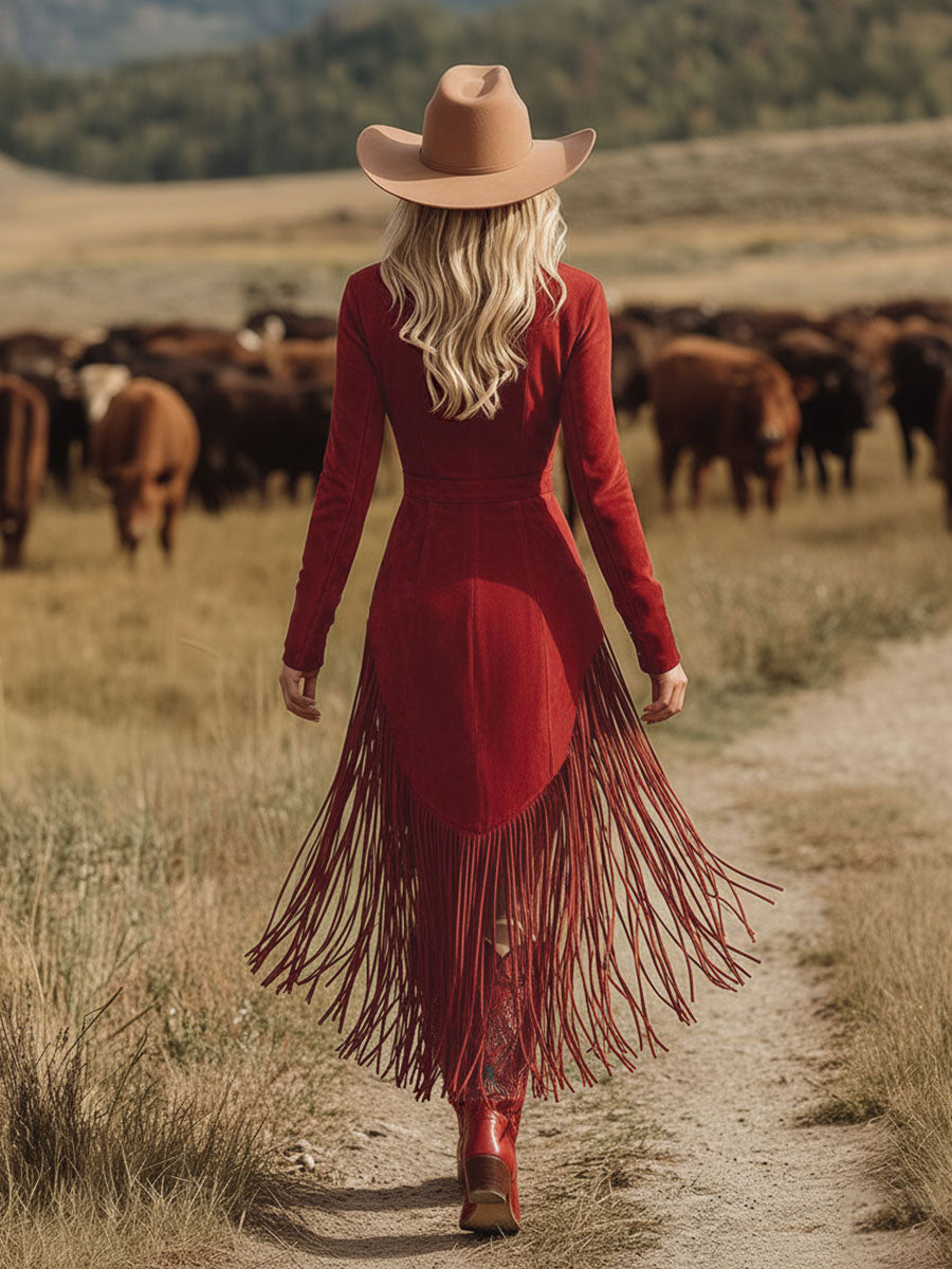 Western Style Vintage Embroidered Red Fringed Faux Suede Midi Dress