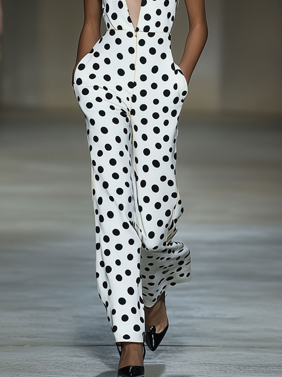 Casual Fashion V-neck Polka Dot Print White Sleeveless Wide-leg Jumpsuit