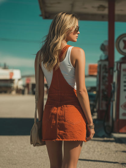 Western Retro Overalls Orange Denim Mini Dress