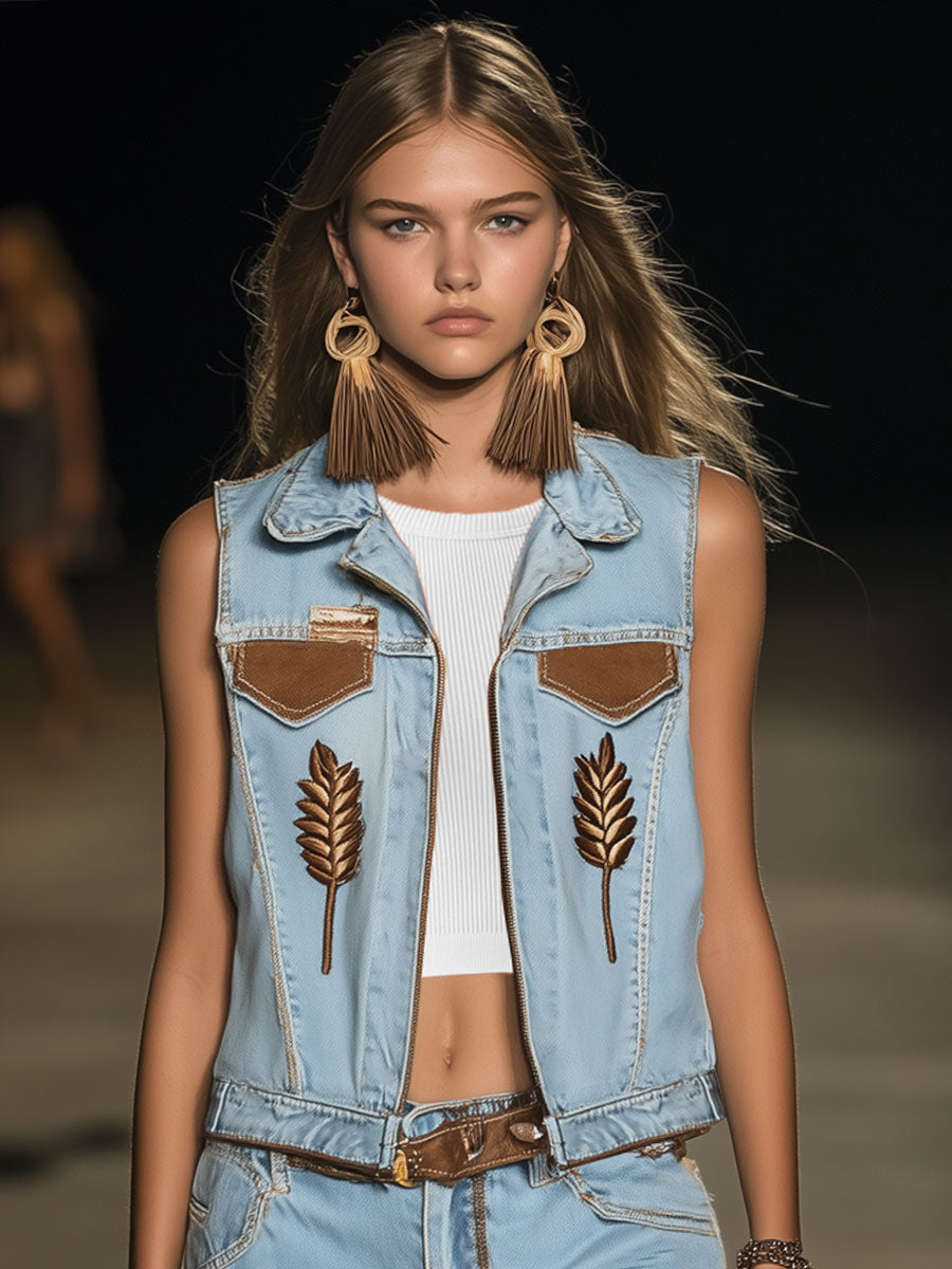 Casual Loose Retro Leaf Embroidery Zipper Denim Suede Vest