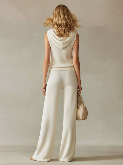 Stylish And Casual White Hooded Zip-up Sleeveless Knit Top And Pants Set