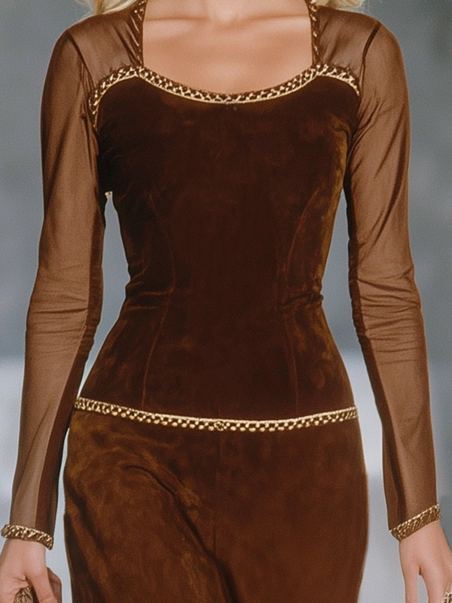 Western-style Brown Faux Suede-trimmed Tulle-trimmed Tassel Long-sleeved Midi Dress