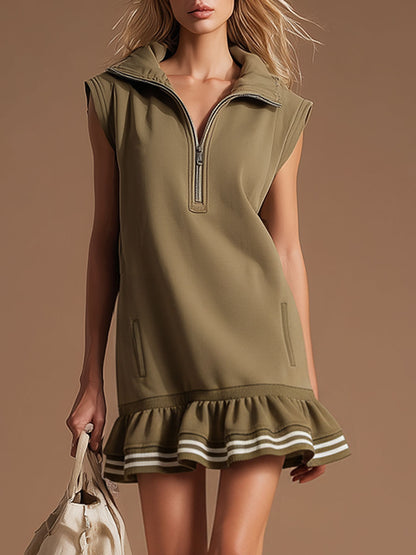 Fashionable Sporty Ribbed Olive Green Sleeveless Mini Dress
