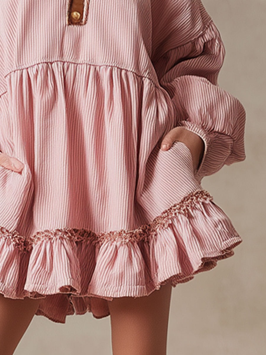 Retro Long-sleeved Pink Corduroy Ribbon Ruffle Mini Dress