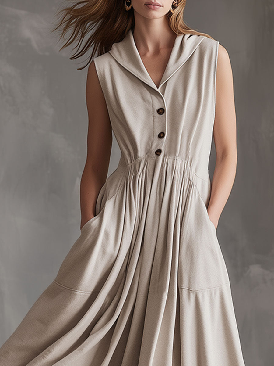 Sporty Retro Apricot Sleeveless A-line Midi Dress