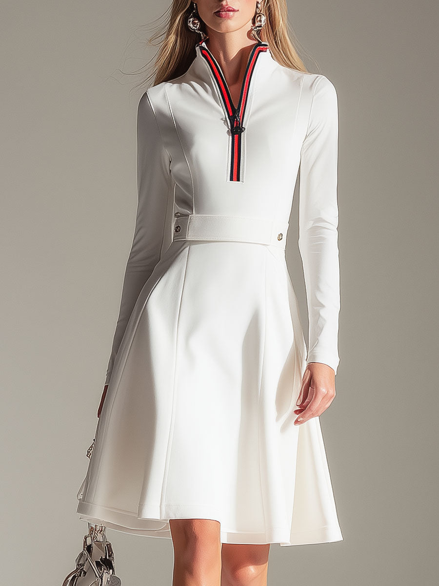 Stylish Athletic White Half-zip Hoodie-style Mini Dress