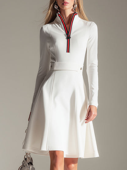Stylish Athletic White Half-zip Hoodie-style Mini Dress