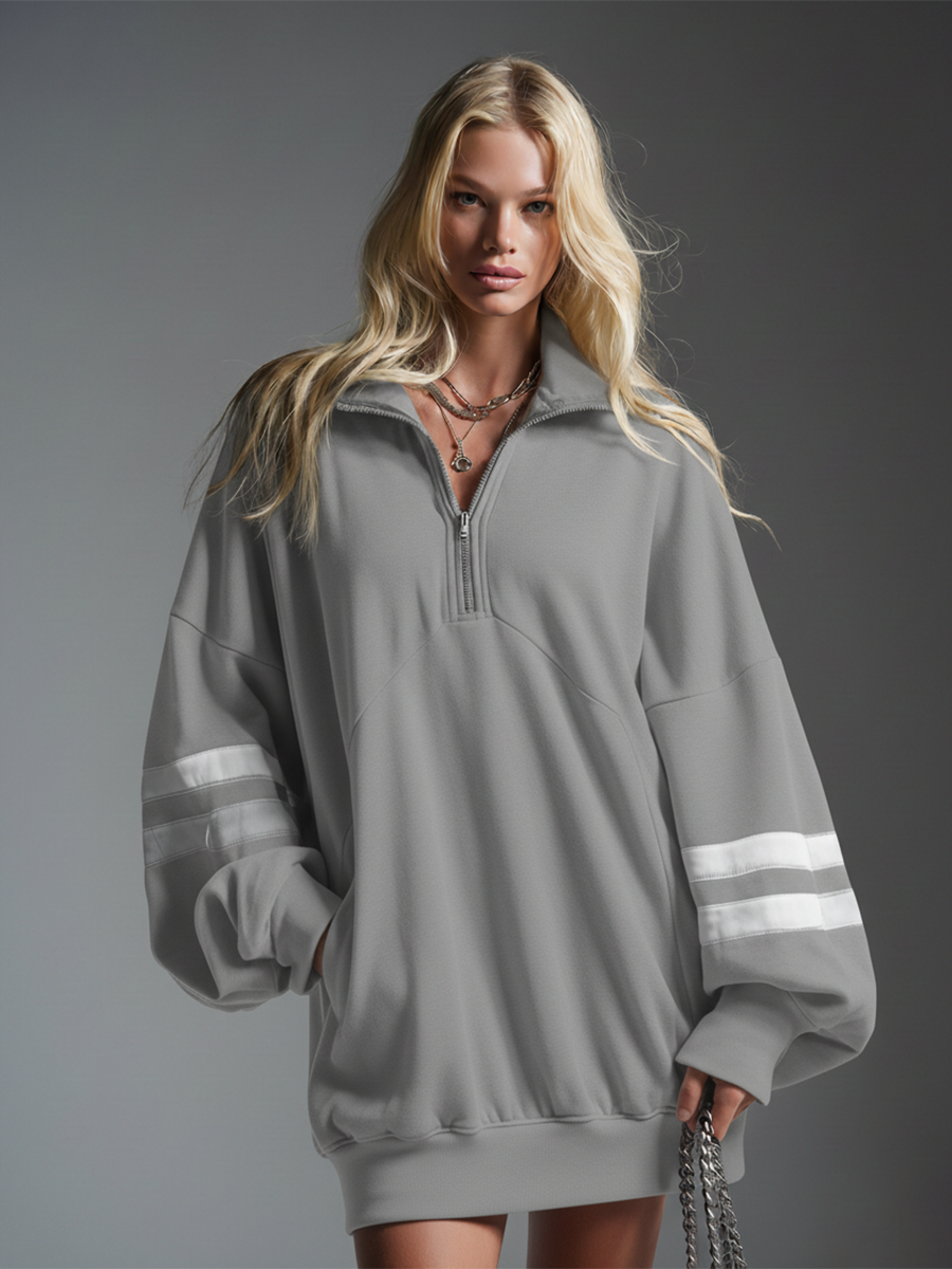 Stylish Casual Comfortable Lapel Zipper Closure Long-sleeved Mini Dress