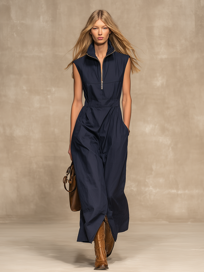 Retro Casual Zipper Stand Collar Sleeveless Midi Dress