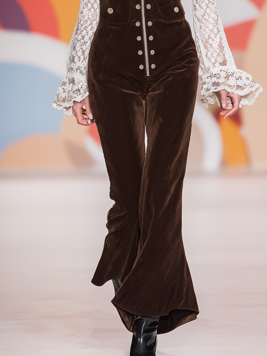 Retro Western Style Brown Corduroy Flared Overalls