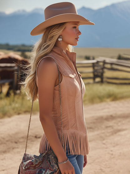 Western-style Stand-up Collar Fringed Zipper Faux Suede Vest