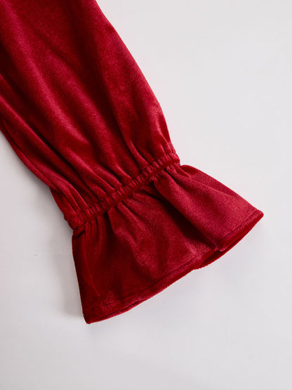 Fashionable Retro Red Velvet Pleated Ruffled Long-sleeved Shirt