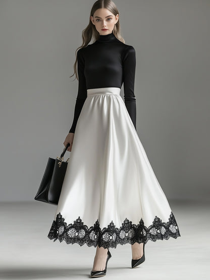 High-End Elegant And Fashionable Black Lace A-Line Satin Skirt