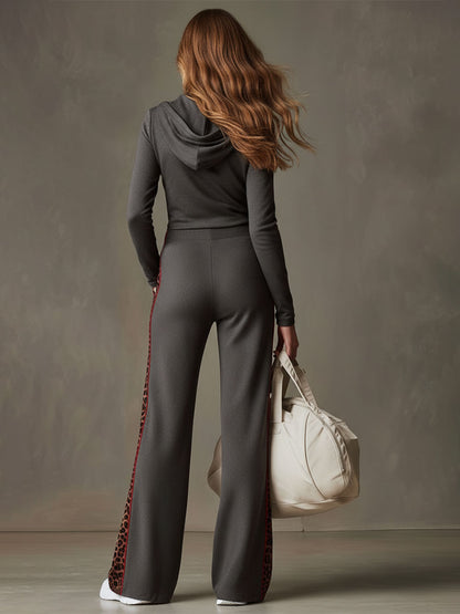 Sporty Retro Velvet Leopard Print Dark Gray Hooded Sweatshirt And Pants Set