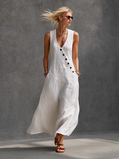 Stylish Simple Loose-fitting Sleeveless V-neck Diagonally Buttoned Cotton White Maxi Dress