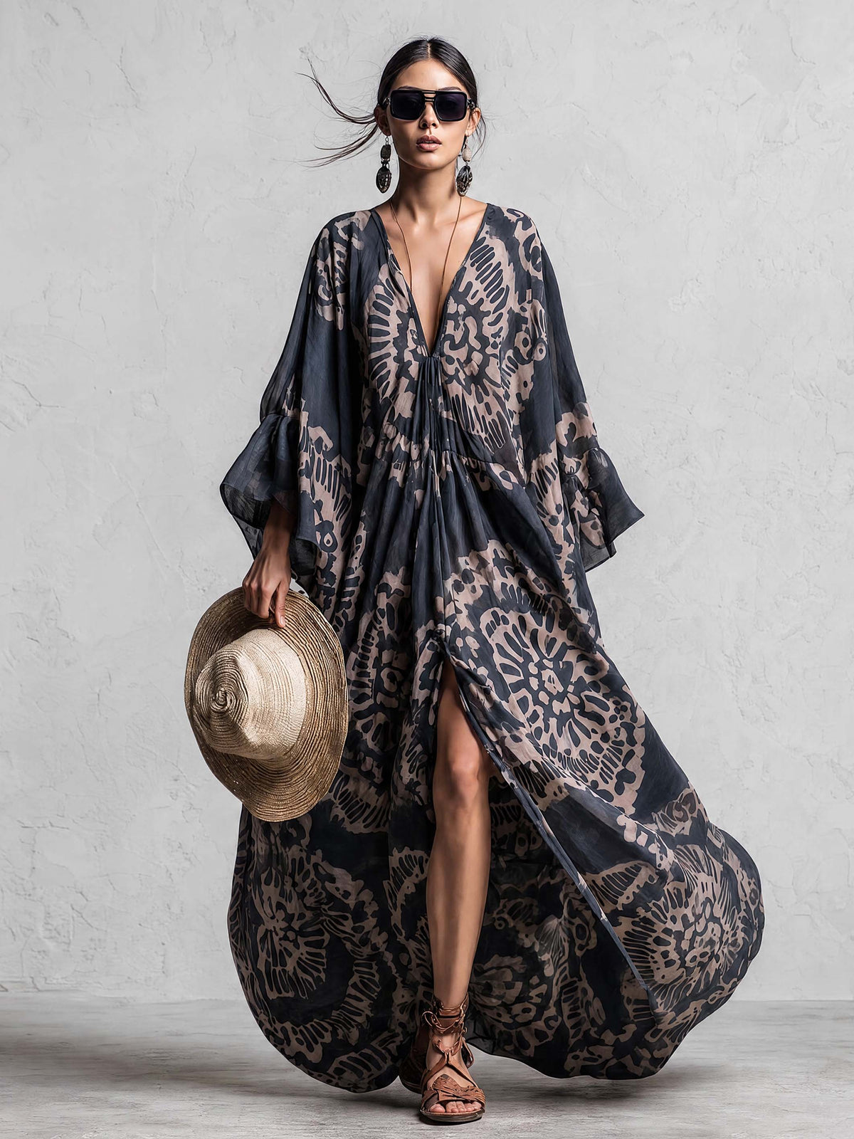 Elegant And Flowing Retro Print V-neck Dark Blue Chiffon Slit Maxi Dress