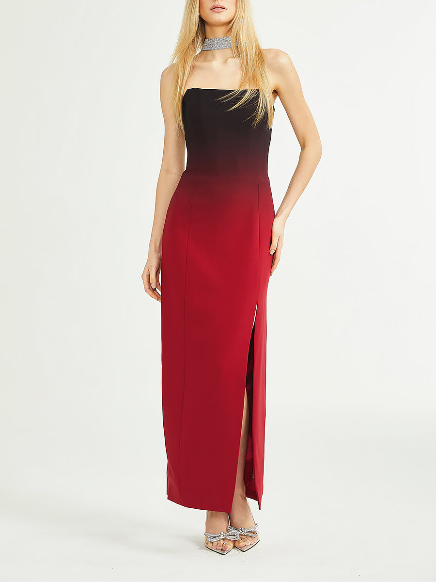 High-end Elegant Red and Black Gradient Tube Top Maxi Dress