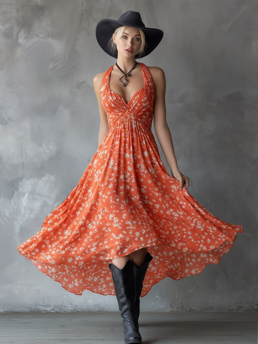 Retro Classic Floral Print Navy Blue Chiffon Sleeveless Maxi Dress