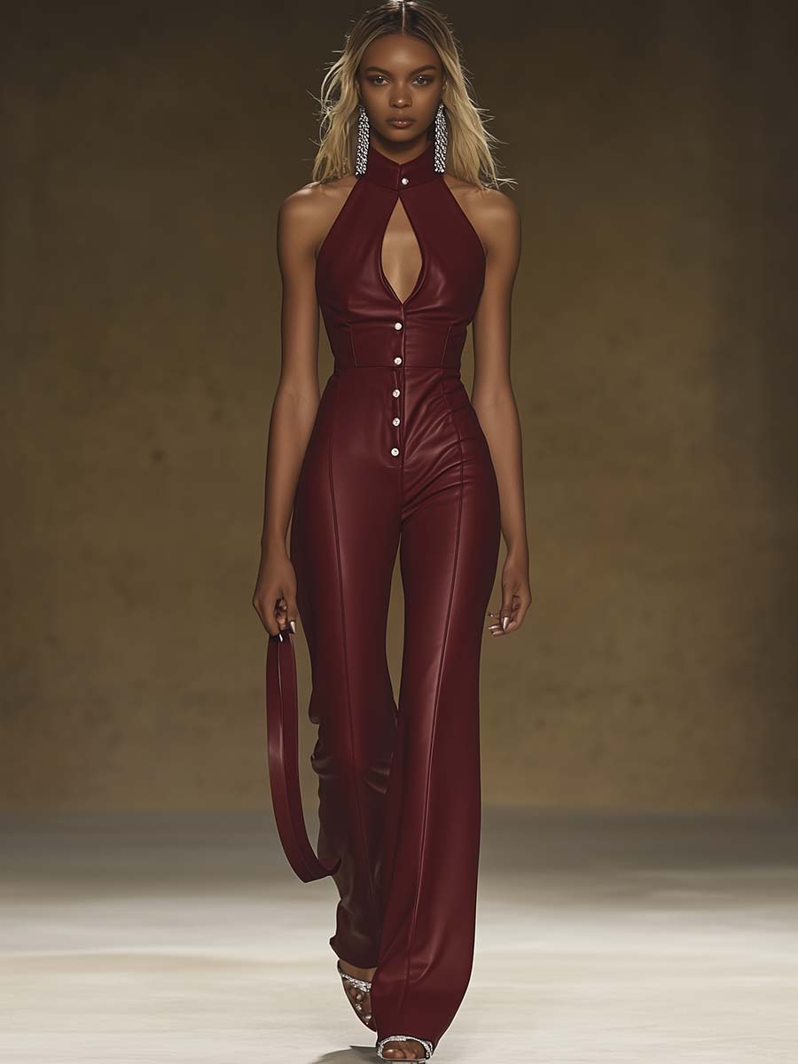 Personalized Hollow Collar Burgundy Leather Tights Jumpsuit