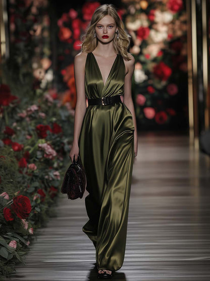 Fashion V-neck Sleeveless Belted Olive Green Satin Jumpsuit