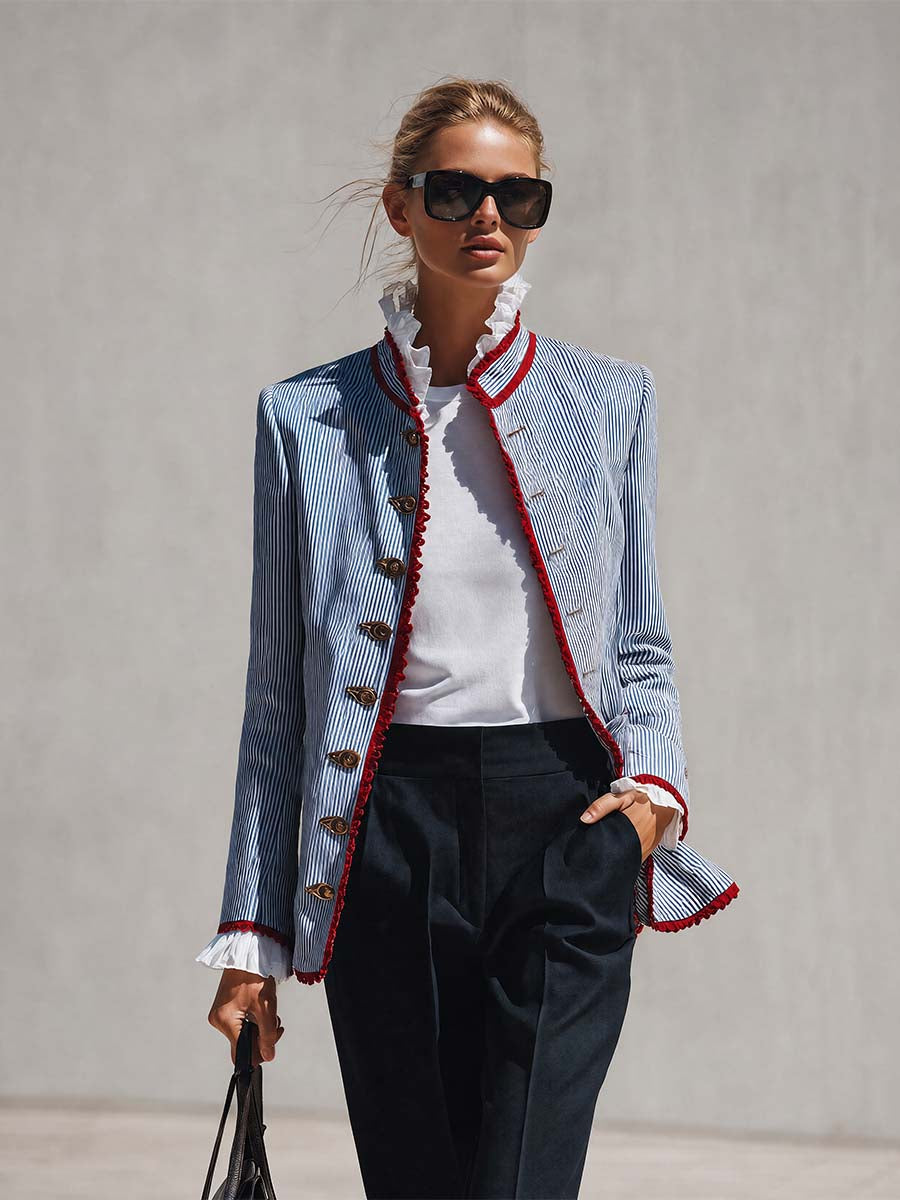 Elegant Vintage Ruffled Stand Collar Lace Trim Blue And White Striped Jacket