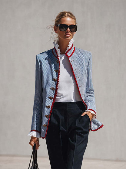 Elegant Vintage Ruffled Stand Collar Lace Trim Blue And White Striped Jacket