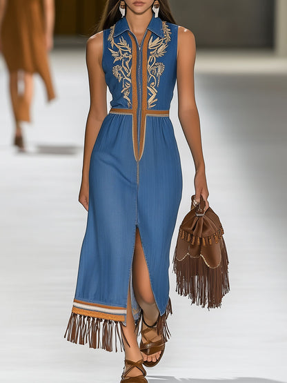 Retro Bohemian Embroidered Zipper Slit Tassel Sleeveless Denim Midi Dress