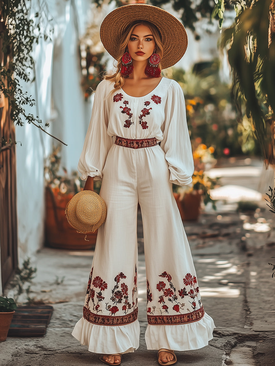 Elegant And Fashionable Bohemian Floral Print Wide-Leg Jumpsuit