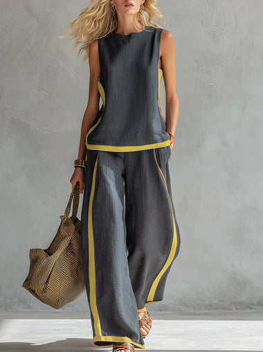 Elegant And Casual Two-tone Trim Gray Cotton And Linen Vest And Pants Set