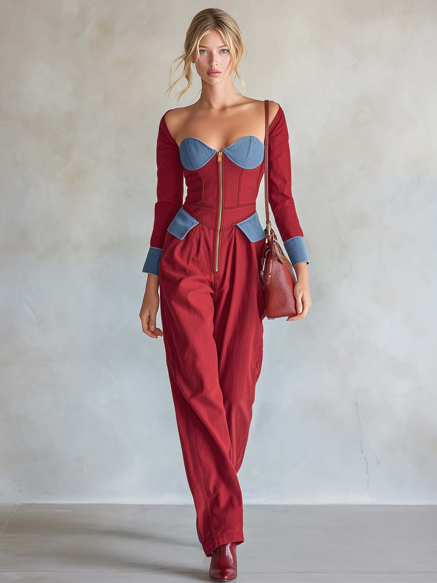 Western Red Denim Corset Off-Shoulder Zip-Front Long-Sleeve Wide-Leg Jumpsuit