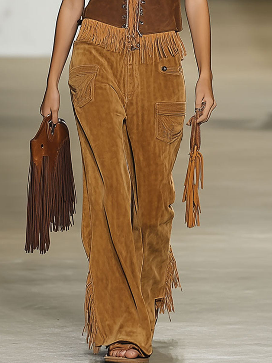 Casual Loose Vintage Caramel Suede Rivet Tassel Wide Leg Pants