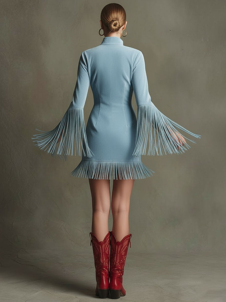 Western Retro Red Embroidered Blue Faux Suede Long-Sleeved Tassel Mini Dress