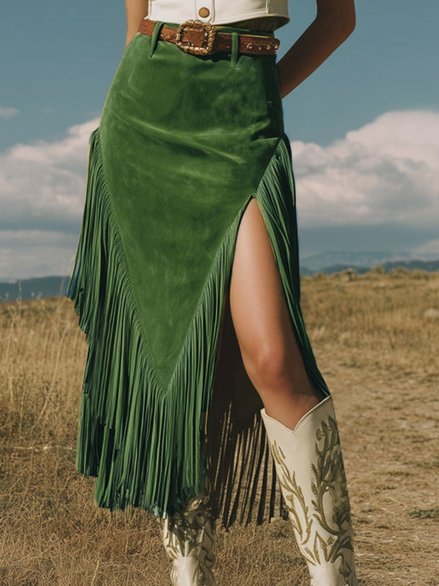 Western Retro Green Fringed Faux Suede Midi Skirt