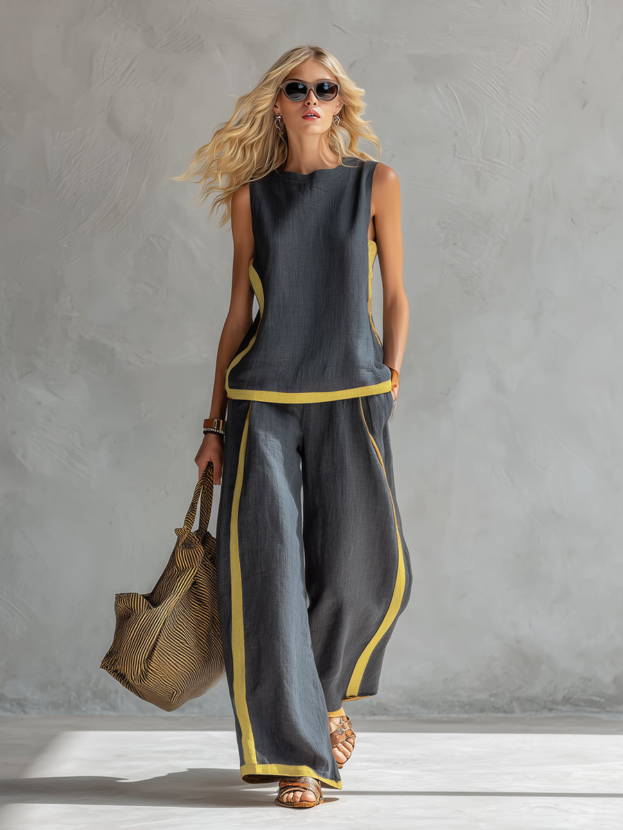 Elegant And Casual Two-tone Trim Gray Cotton And Linen Vest And Pants Set